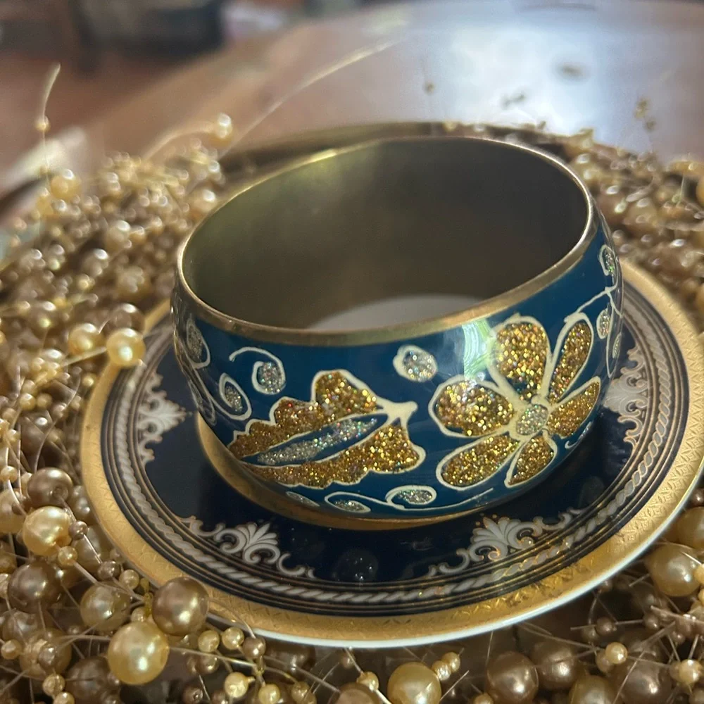 Vintage Wide Blue Enamel Silver & Gold Sparkle Brass Bangle Bracelet